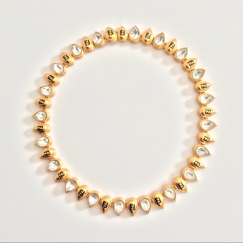 FENDI Rare Vintage FF Logo Gold & Crystal Necklace - Picture 2 of 6